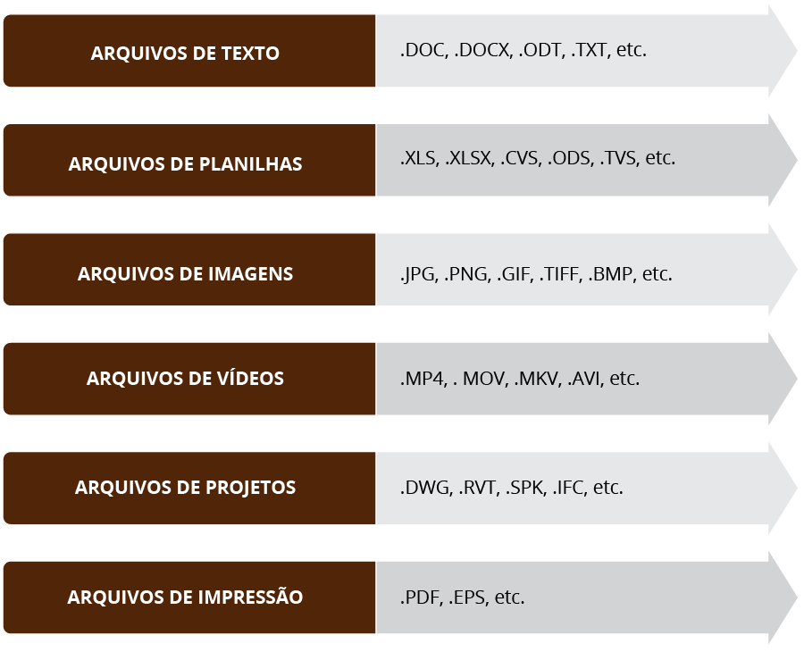 A imagem mostra uma lista com as principais extensões conforme os tipos de arquivos. Arquivos de texto: .DOC, .DOCX, .ODT, .TXT. Arquivos de planilhas: .XLS, .XLSX, .CVS, .ODS, .TVS. Arquivos de imagens: .JPG, .PNG, .GIF, .TIFF, .BMP. Arquivos de vídeos: .MP4, .MOV, .MKV, .AVI. Arquivos de projetos: .DWG, .RVT, .SPK, .IFC. Arquivos de impressão: .PDF., .EPS.